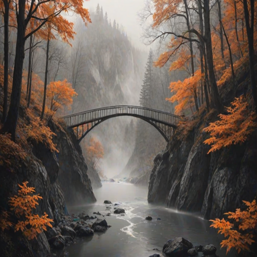 natural lighting, raining, fog, mist, fantasy, bridge focus, CandiBRIDGE, no humans, mountain, water, river, forest, bridge, tall trees, leaf, from above, negative space, scenery, intricately detailed illustration, depth of field, atmospheric perspective, realistic shading, orange theme, monochrome, selective coloring
