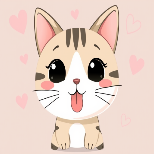 cute cartoon cat with round face and big eyes sticking out its tongue small pink blush spots and heart doodles in the background simple and playful style