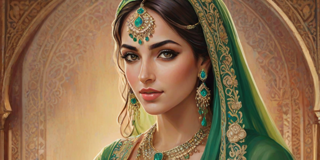 Create a portrait of a beautiful Arab woman with striking green eyes and a gentle expression. She is adorned in traditional attire with intricate patterns, including a richly embroidered headscarf and matching garments. Her jewelry includes a delicate headpiece, dangling earrings, and ornate bracelets, all featuring vibrant gemstones and detailed metalwork. The background is soft and warm, enhancing the rich colors of her outfit and jewelry.