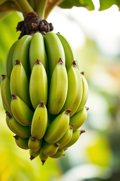 close-up of a bunch of green bananas hanging from a plant, natural lighting, f/4 aperture, ISO 100, 50mm lens, DSLR camera, shallow depth of field, vibrant colors, soft focus background