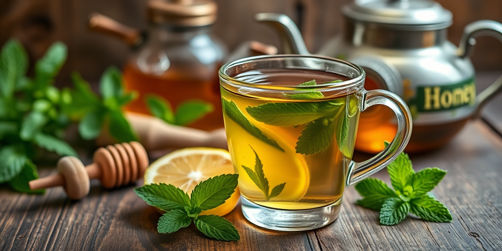Generate an image of a clear glass cup of tea with mint leaves and a lemon slice beside it, surrounded by a vintage teapot, honey jar, and fresh mint on a wooden surface, using a DSLR camera with a 50mm lens, aperture set to f/2.8 for shallow depth of field, ISO 100 for fine detail, and a natural light setting for a warm ambiance.