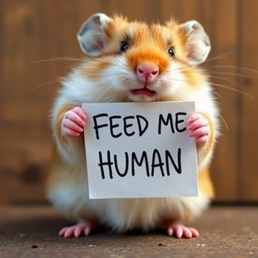 hamster holding a note which says "FEED ME HUMAN"