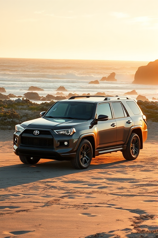 A sleek SUV parked on a beach with rocky terrain and waves in the background, captured in natural light during golden hour, using a DSLR camera at f/8 aperture, 1/200s shutter speed, ISO 100, 24mm wide-angle lens, high dynamic range to enhance colors and details.