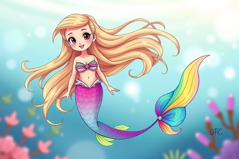 Create a vibrant illustration of a cartoon mermaid with long flowing blonde hair, wearing a seashell bikini and a multicolored rainbow tail, captured in a high-resolution digital format with a soft-focus background, using a DSLR camera with a 50mm lens at f/2.8 aperture, shooting from a slightly elevated angle.