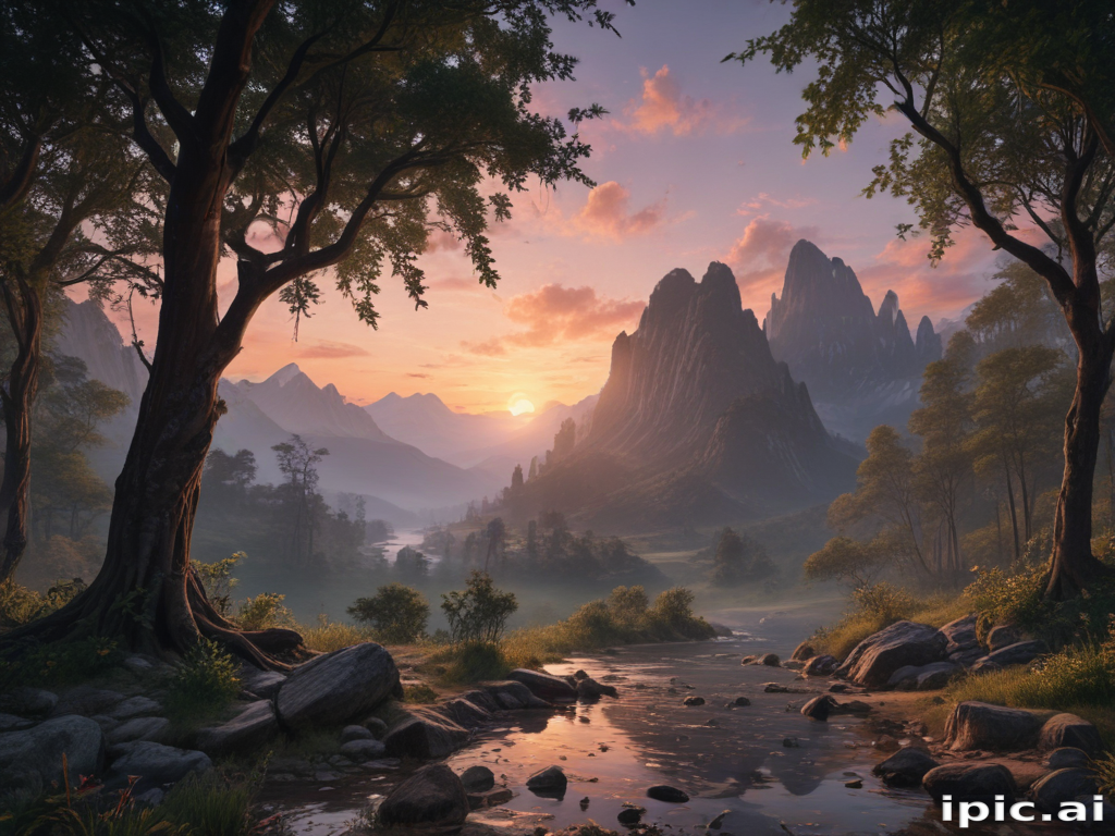 Serene Sunset Over Majestic Mountains and Tranquil River Landscape