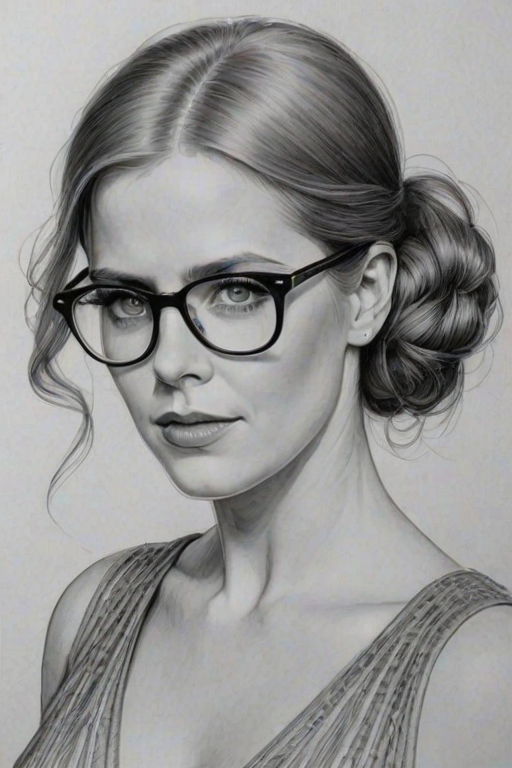Stunning Amy Adams, pencil sketch, portrait of Bewitching woman 1920s in glasses, hair style beatnik, outline, clear lines, fine lines, 8k