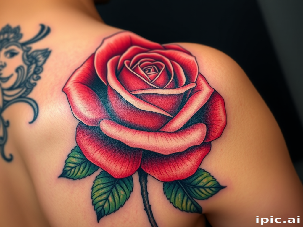 Hyper-realistic color realism tattoo of a blooming rose on the shoulder blade, capturing every intricate detail and texture, with lifelike shading and color gradients for a 3D effect