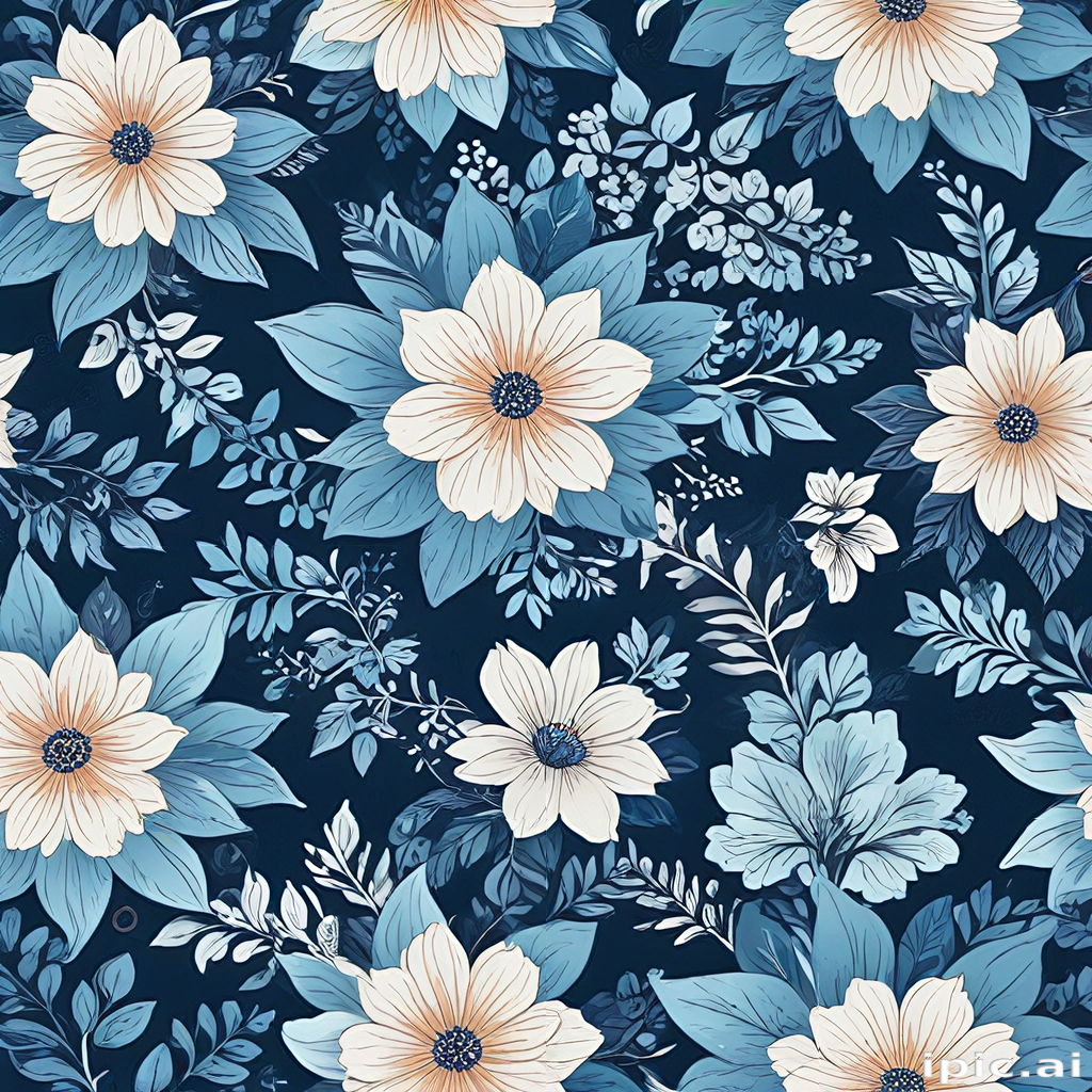 Elegant Floral Pattern Featuring Blue and Cream Blooms on Dark Background