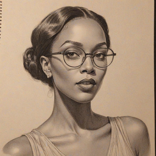 Stunning Dawn Richard, pencil sketch, portrait of Pleasing woman 1929s in glasses, hair style beatnik, outline, clear lines, fine lines, 8k