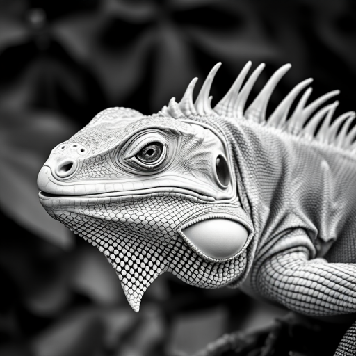 black and white portrait of an iguana with prominent spines and a distinctive dewlap, perched on a natural habitat background