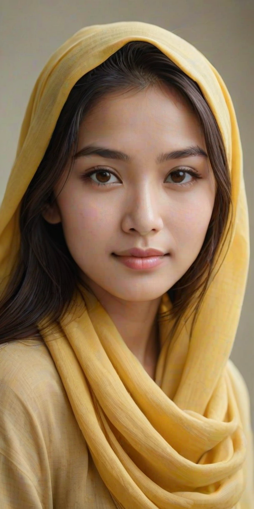 Create a portrait of a young Singaporean woman with long, dark hair and captivating hazel eyes. She is wearing a Yellow headscarf and a matching scarf draped gracefully around her neck. The background is softly blurred, focusing attention on her serene and natural expression. The overall color palette is muted and warm, enhancing the intimate and authentic feel of the portrait.