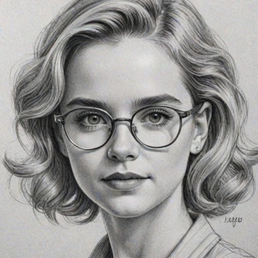 Beauteous McKenna Grace, pencil sketch, portrait of Magnificent woman 1944s in glasses, hair style beatnik, outline, clear lines, fine lines, 8k
