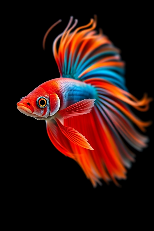 High-resolution close-up of a vibrant betta fish with flowing fins on a black background, 50mm lens, aperture f/2.8, ISO 100, shot with a DSLR camera using a macro photography style, soft backlighting to enhance colors.
