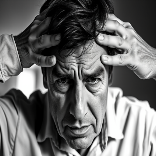 Generate a high-contrast black and white sketch of a middle-aged man with his hands on his forehead expressing distress, using a Canon EOS R5 with 50mm f/1.8 lens, ISO 100, aperture f/4, shutter speed 1/200s, shot from a front-facing view with soft natural lighting for a dramatic effect.