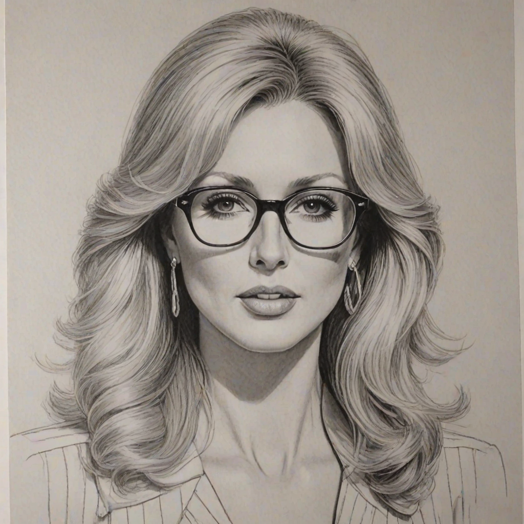 Gorgeous Morgan Fairchild, pencil sketch, portrait of Superb woman 1978s in glasses, hair style beatnik, outline, clear lines, fine lines, 8k