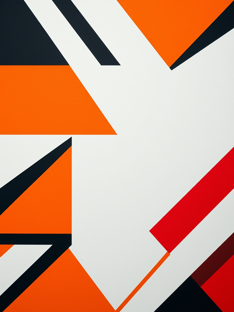 Create a high-resolution abstract geometric design featuring bold colors like orange, black, white, and red, emphasizing sharp lines and angles, captured in a DSLR camera using a 50mm lens, f/1.8 aperture, ISO 100, and a focal length of 50mm, in a flat lay perspective for enhanced depth and clarity.
