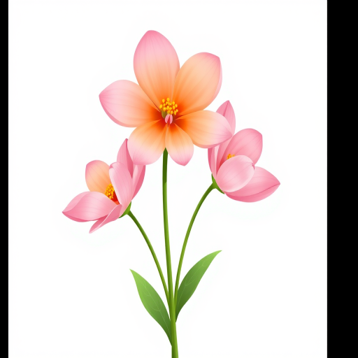 Create an illustration of three stylized flowers with soft pink and orange petals on a green stem, against a white background, using a digital painting technique, with high resolution settings, vibrant color contrast, and a 50mm focal length for clarity.
