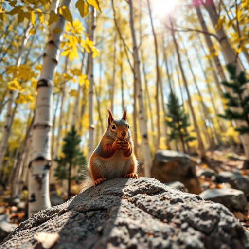 HD 8k close up of aspen trees , make the leaves have a bright but deep glowing effect, add black lines to highlight and detail the bark and leaves. The sun shines through a portion. Add some rock formations scattered throughout the forest area.  Place a squirrel close up on the rock formation. The view is eye level with the squirrel. The squirrel is cute and plump while he is trying to open a pine cone. Add a few dark green pine trees randomly.
