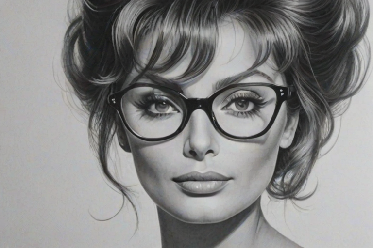 Beautiful Sophia Loren, pencil sketch, portrait of beautiful woman 60s in glasses, hair style beatnik, outline, clear lines, fine lines, 8k