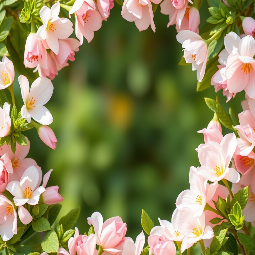 Generate a high-quality image of a floral picture frame featuring soft pink and white flowers with green leaves surrounding a blank center, captured in natural light with a DSLR camera, 50mm lens, f/2.8 aperture, ISO 100, and shallow depth of field for a soft background blur.
