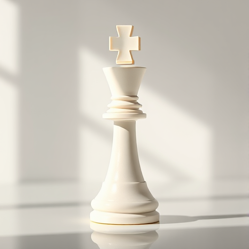 Create a high-resolution image of a white chess bishop on a minimalist background, using a Canon EOS R5 camera, 50mm f/1.2 lens, aperture set to f/2.8, shutter speed of 1/200s, and ISO 100, with soft natural lighting to enhance reflections and shadows.
