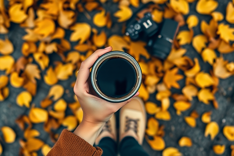 A top-down view of a person's hand holding a coffee cup with scattered yellow leaves around, focusing on stylish shoes and a vintage camera, soft natural lighting, DSLR camera settings: ISO 100, aperture f/2.8, shutter speed 1/125s, capturing a warm autumn atmosphere.