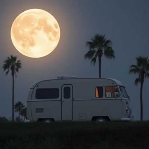 Generate an image of a silhouette of a vintage camper van parked on a grassy hill with palm trees in front of a large full moon, shot with a DSLR camera at 35mm focal length, f/8 aperture, ISO 100, soft focus style for a serene and minimalistic look.