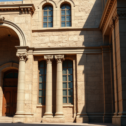 regenerate a detailed architectural rendering of a weathered stone building with ornate columns and large windows, emphasizing intricate textures and shadows, use a DSLR camera with a 35mm lens, aperture f/8, ISO 100, and a low-angle view to enhance depth and perspective, ensure high dynamic range for better light management.