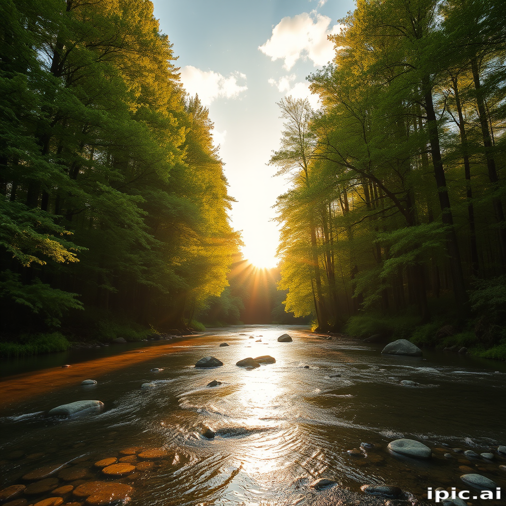 Create an image of a serene, sunlit forest scene with a clear, gently flowing river. Tall trees with lush green foliage line both sides of the river, their leaves bathed in the warm golden light of the setting or rising sun. The sunlight filters through the trees, casting soft, dappled light on the river, which flows over smooth rocks and pebbles, creating a peaceful, natural atmosphere. The sky is bright with a few scattered clouds, and the overall mood is tranquil, evoking a deep sense of connection with nature. The image captures the beauty of a calm, pristine forest landscape at either dawn or dusk.