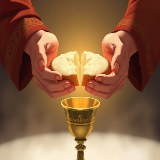 Create a high-resolution digital illustration of two hands holding a broken bread above a chalice, using a Canon EOS 5D Mark IV camera, with a 50mm lens, aperture f/2.8, ISO 200, and natural lighting to enhance colors and contrast.