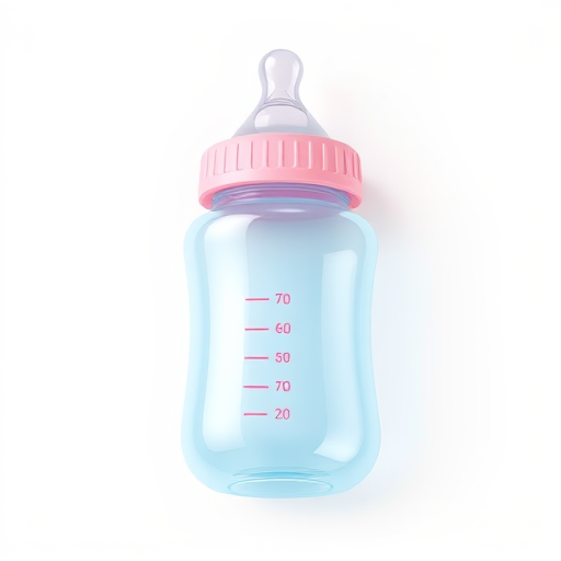 Create a high-resolution illustration of a baby bottle with a pink cap and blue body, top view, soft lighting, 50mm lens, f/2.8 aperture, DSLR camera, vibrant colors and sharp details.