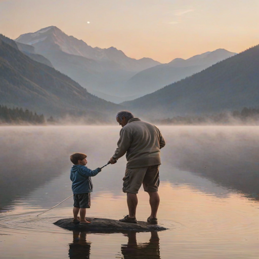 Warmly lit, intimate photo of a father teaching his young son how to fish at dawn, soft mist rising from the lake, with distant mountains bathed in pastel hues from the rising sun.