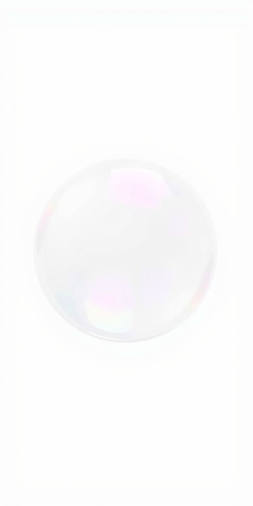 Create a realistic, high-resolution image of a single translucent soap bubble with soft reflections, captured with a macro lens, using a DSLR camera at f/2.8, ISO 100, and a shutter speed of 1/200s, centered on a plain white background for clarity and focus.