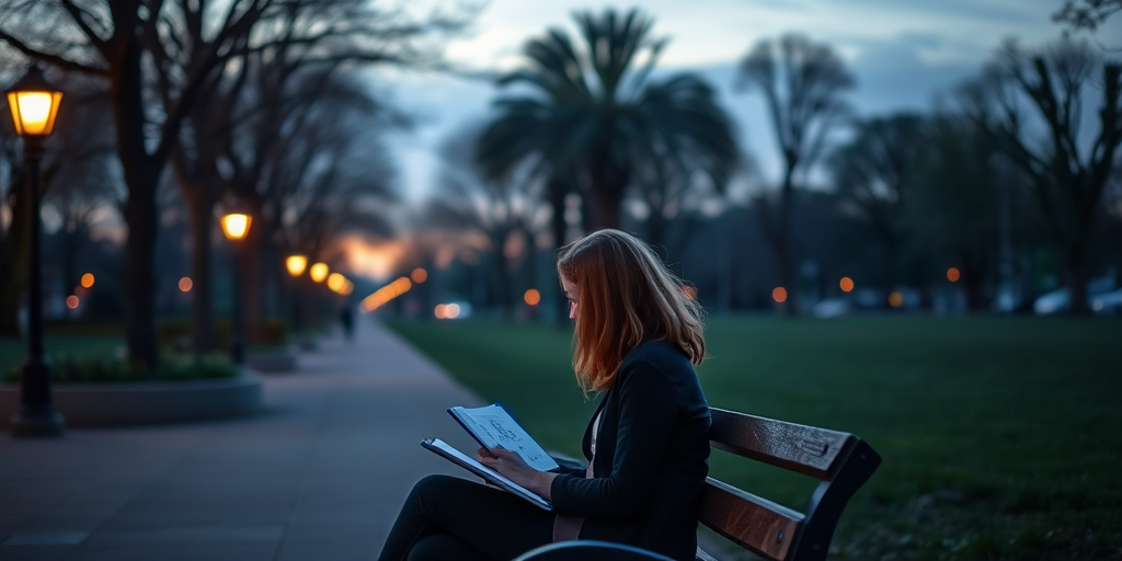 Quiet park at dusk, the soft glow of lamplights along the path, with a woman sitting on a bench, sketching in a notebook, surrounded by the peaceful evening air.