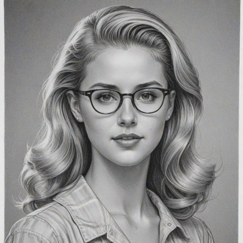 Comely Caroline Sunshine, pencil sketch, portrait of Alluring woman 1947s in glasses, hair style beatnik, outline, clear lines, fine lines, 8k
