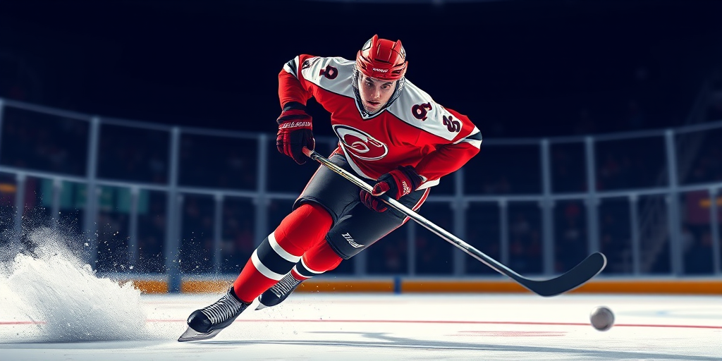 Create a high-resolution vector illustration of a hockey player in action, capturing dynamic motion and fluidity, using a DSLR camera with a 50mm lens, aperture set to f/1.8 for a blurred background, ISO at 100 for maximum clarity, shot from a low angle to emphasize the athlete's form and energy.