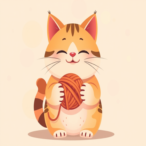 Create a cute illustration of a chubby cat holding a ball of yarn, vibrant colors, flat design, 4K resolution, 50mm lens, f/1.8 aperture, soft focus background, digital art style.