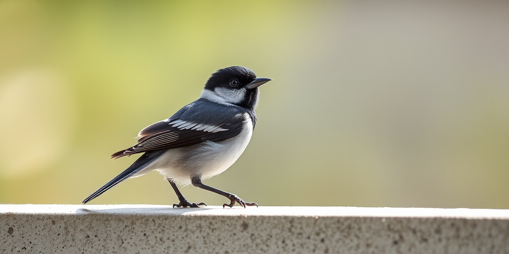 Capture a close-up of a black and white bird perched on a ledge, using a Canon EOS R5 with a 85mm f/1.2 lens, ISO 100, aperture set to f/2.8, shutter speed 1/500s, natural lighting, in high resolution for clear detail.