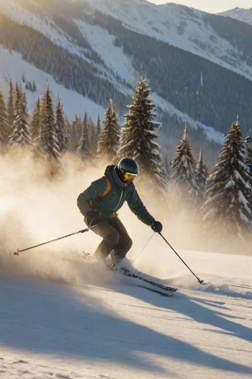 Blurry action shot of a skier speeding down a snowy slope at sunrise, snow spraying up behind them, with soft golden light casting long shadows on the mountains and distant pine trees barely visible through the mist.