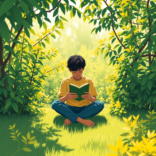 Create a high-resolution illustration of a person sitting cross-legged while reading a book, surrounded by lush green and yellow foliage, captured with a Canon EOS R5 at f/2.8, ISO 100, 50mm lens, natural light for vibrant colors and soft shadows.