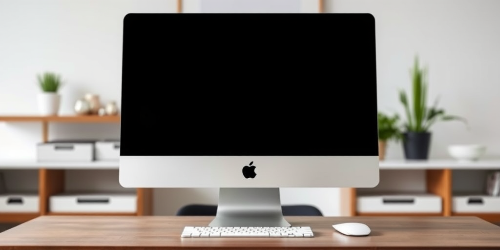 Create a high-resolution image of a sleek modern iMac computer with a black screen, captured from a slightly elevated angle to emphasize its design, using a DSLR camera with a 50mm lens, apertures set at f/2.8 for a shallow depth of field, ISO 100, and natural soft lighting to enhance the overall quality.