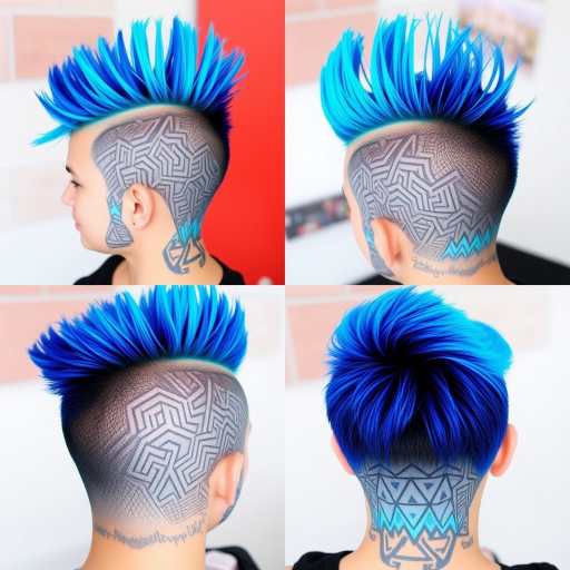 Electric blue hair styled in a mohawk with shaved sides and intricate geometric patterns buzzed into the scalp showcases the edgy "Neon Warrior" look, featuring vibrant cyan and cobalt highlights that create a striking contrast against the darker base color, resulting in a bold and rebellious style