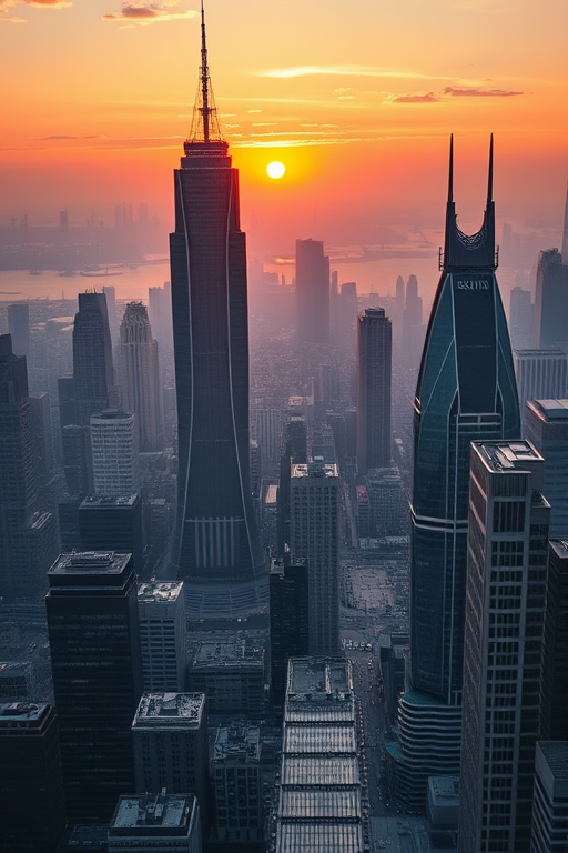 futuristic cityscape with towering skyscrapers at sunrise, wide-angle view, high resolution, ISO 100, aperture f/8, shutter speed 1/250 sec, DSLR camera, HDR photography
