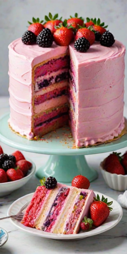 Create an image of a layered cake with vibrant pink frosting. The cake should have three distinct layers filled with various fruits like strawberries and blackberries, and be topped with fresh berries and mint leaves. The background should be light and soft to highlight the cake's colorful layers.
