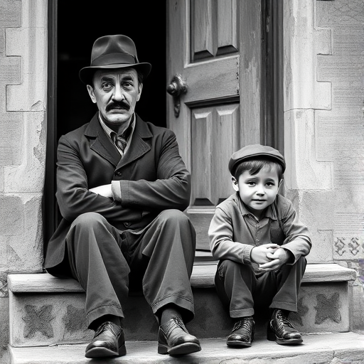 A black-and-white photograph of a man and a child sitting on steps in front of a doorway. The man is dressed as a tramp with a bowler hat, mustache, and ragged clothes, reminiscent of Charlie Chaplin's iconic look. He is sitting with his arms crossed and an expression of slight sadness or frustration. Next to him is a young boy, also in worn clothes and a cap, sitting with his hands clasped, looking thoughtful. The background is an old, textured wall and a partially open door, creating a vintage, early 20th-century atmosphere.