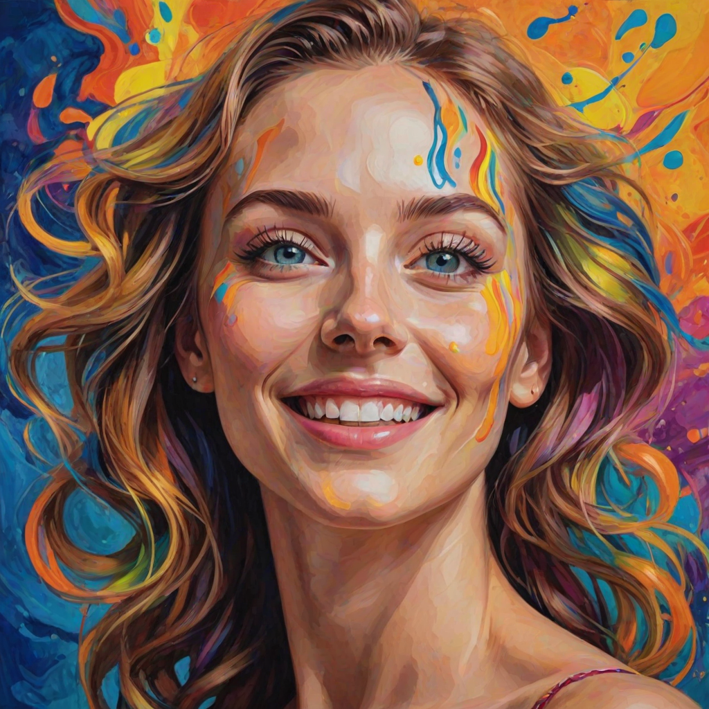 Generate a psychedelic portrait of a woman's happy face with brushstrokes of a woman smiling and looking up at the sky, emphasizing bright and bold colors. The dominant color should be deep blue, with swirling patterns of yellow, green, pink, purple and orange. open blue eyes with long eyelashes, apply an orange-yellow eyeshadow for a mesmerizing effect.