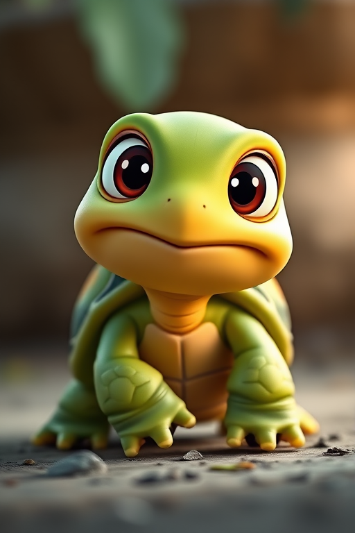 Create a vibrant cartoon image of a turtle with a green shell, large expressive eyes, and a playful pose, using a Canon EOS 5D Mark IV, 50mm lens, f/2.8 aperture, ISO 100, and soft natural lighting to enhance colors and details.