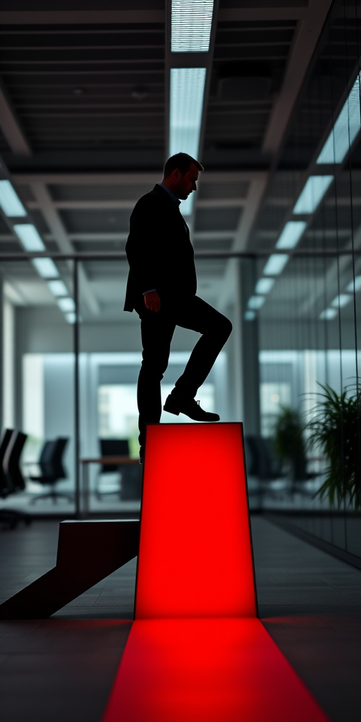 Create an image of a silhouette of a man stepping up on a large upward arrow in a modern office setting, using a 50mm lens, f/1.8 aperture, ISO 200, shot from a slightly low angle with a shallow depth of field for enhanced focus and vibrancy.