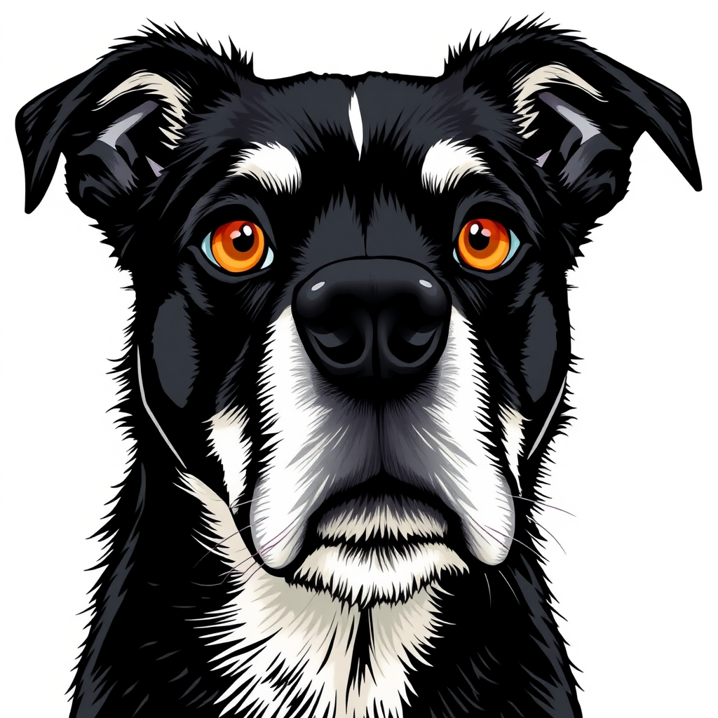 Create a detailed illustration of a black and white dog with striking amber eyes. The dog's face should be prominent and expressive, featuring a mix of fur textures. The background should be a soft, neutral color to enhance the dog's features. The overall style should be bold and graphic, emphasizing the dog's unique characteristics.