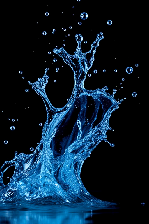 Generate an image of stylized water splashes in vibrant blue with a black background, capture in high resolution, using a 50mm lens with an aperture of f/2.8, employing a macro photography style for sharp detail and clarity, using a DSLR camera.